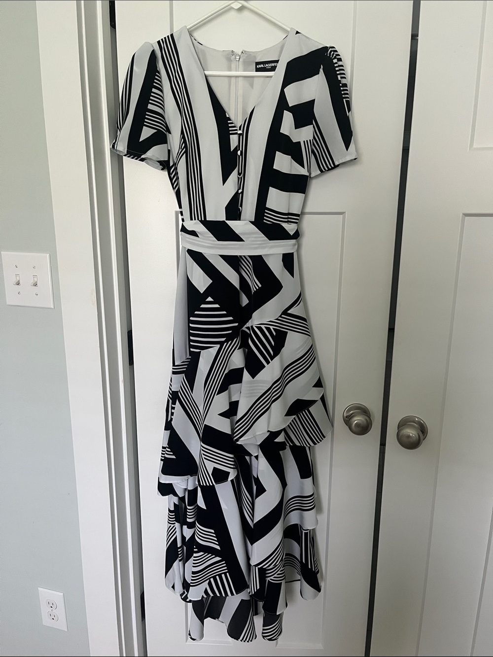 Karl Lagerfeld Black and White Abstract Ruffle High-Low Dress